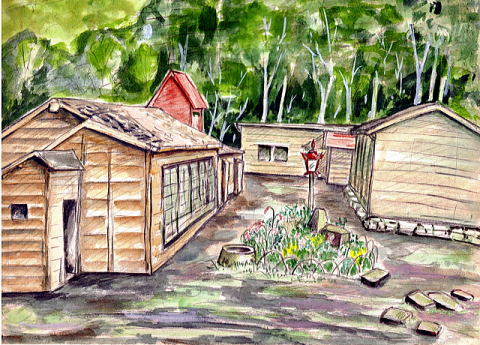 絵画裏のメモ：昭和33年8月24日松原厳樹画　蓮華温泉でわ今年初めて雨戸と板の間廊下を作った